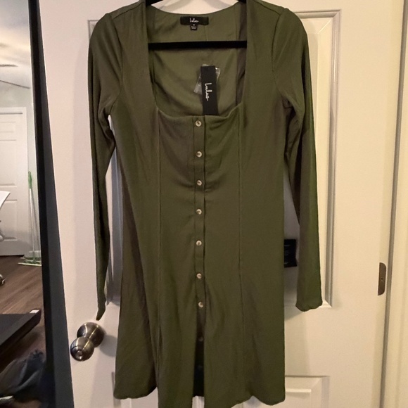 Lulus Simply Favored Olive Green Ribbed Long Sleeve Mini Dress - Size M - Picture 2 of 4
